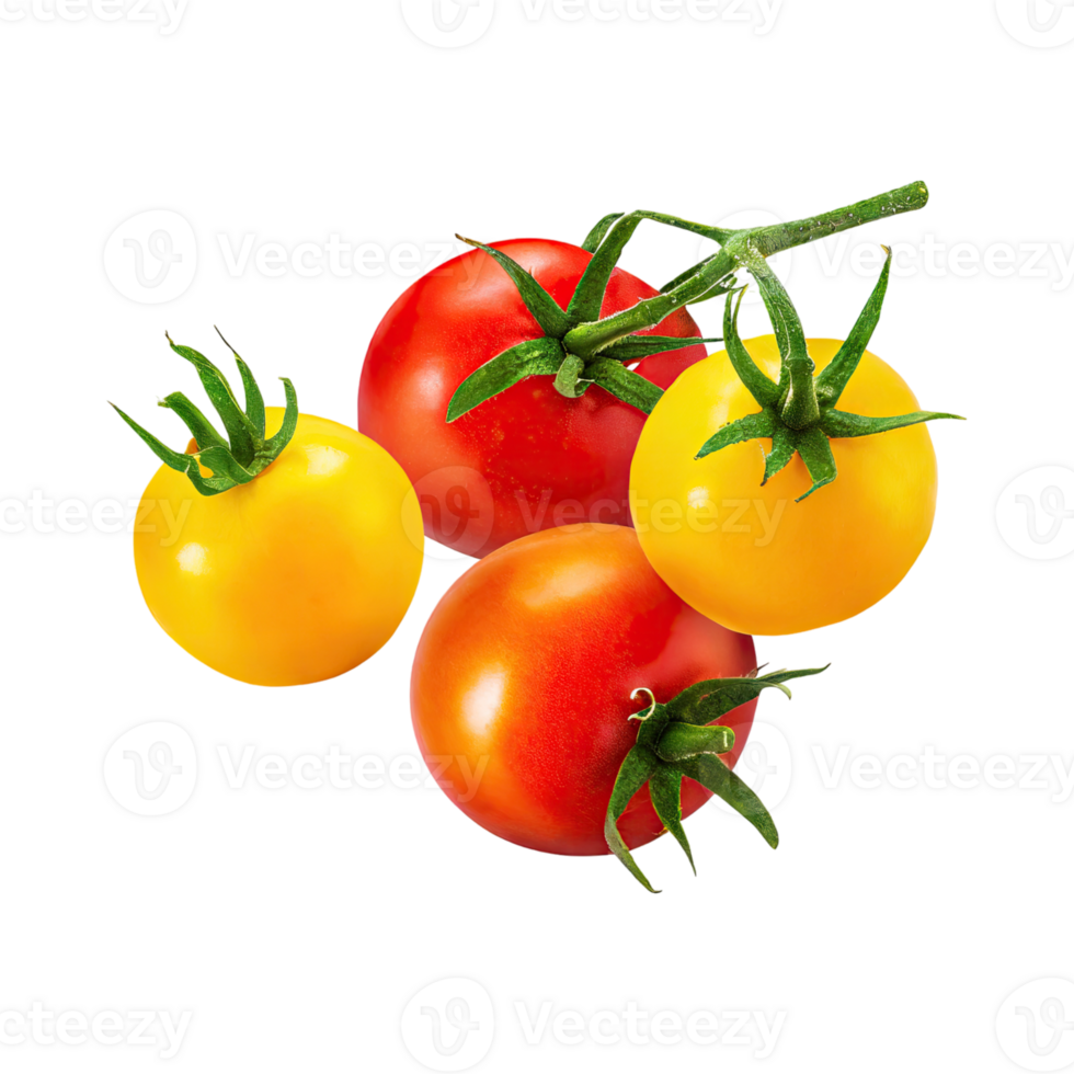 AI generated Floating Of Tomatos With A Green Stem, Isolated Transparent Background png
