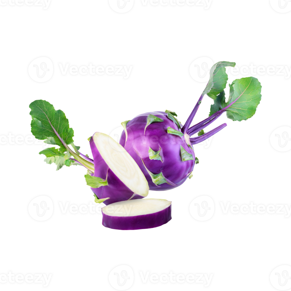 AI generated Floating Of Fresh Purple Kohlrabi With Sliced, Without Shadow, Isolated Transparent Background png