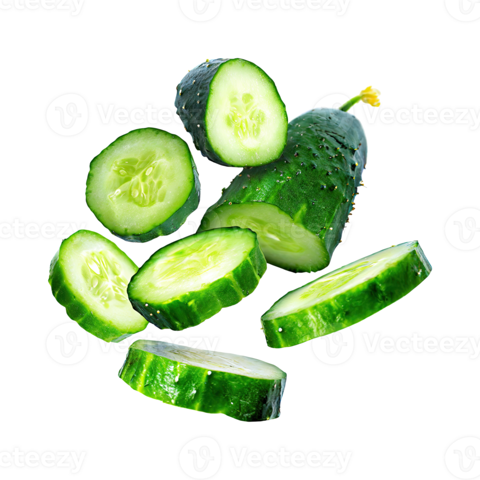 AI generated Floating Of Sliced Cucumbers, Without Shadow, Isolated Transparent Background png