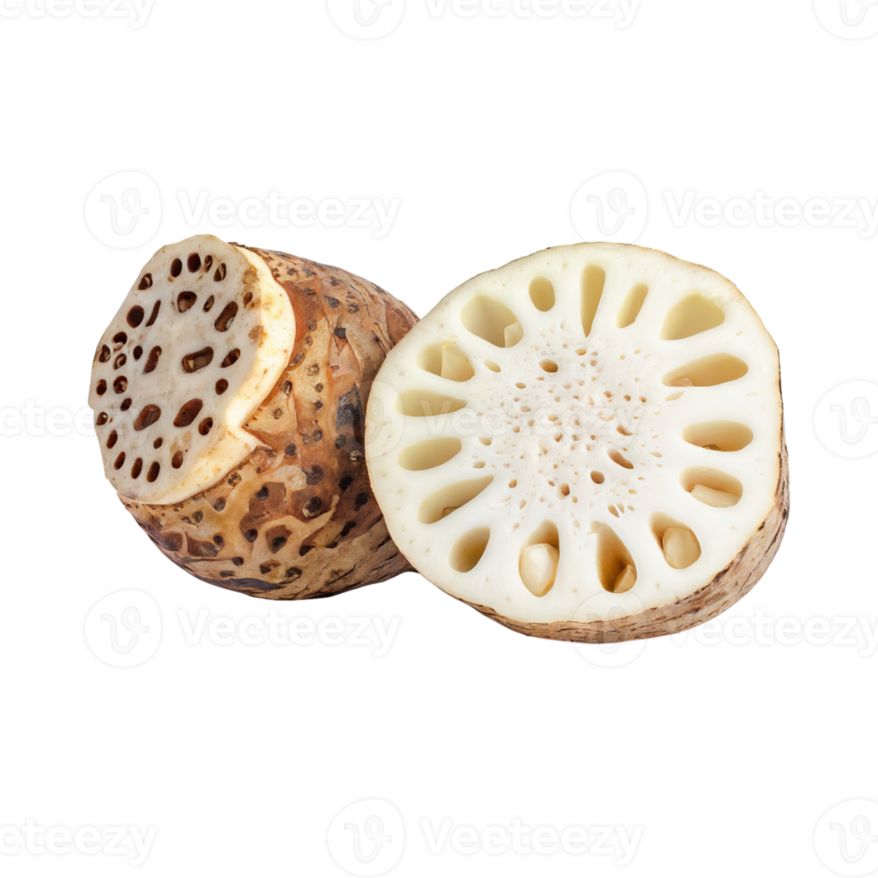 AI generated Floating Of White And Brown Lotus Root With Sliced, Isolated Transparent Background png