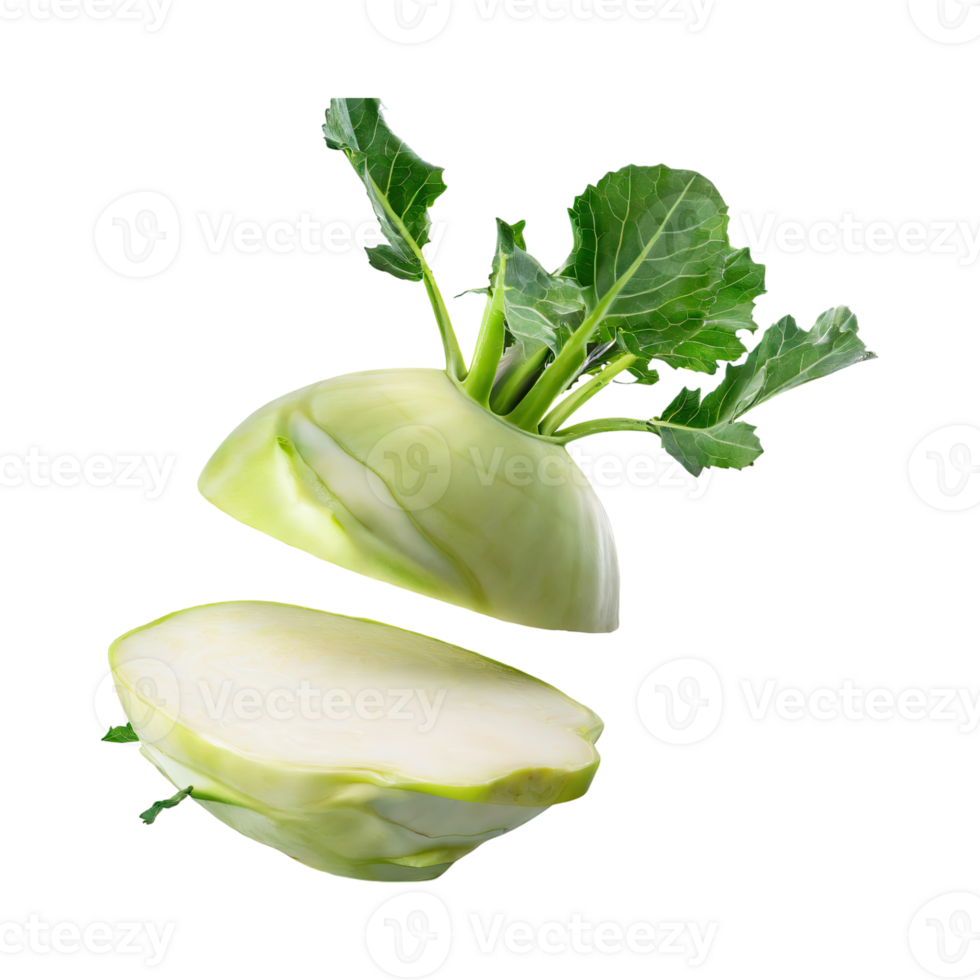 AI generated Floating Of Fresh Kohlrabi With Sliced, Without Shadow, Isolated Transparent Background png