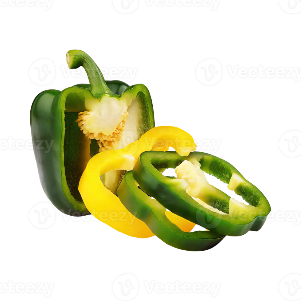 AI generated Sliced Of Green And Yellow Bell Pepper, Without Shadow, Isolated Transparent Background png