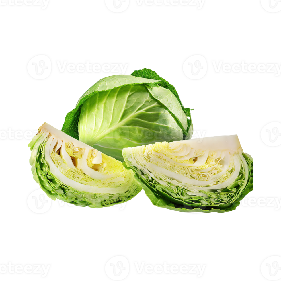 AI generated Fresh Green Cabbage And Sliced, Without Shadow, Isolated Transparent Background png