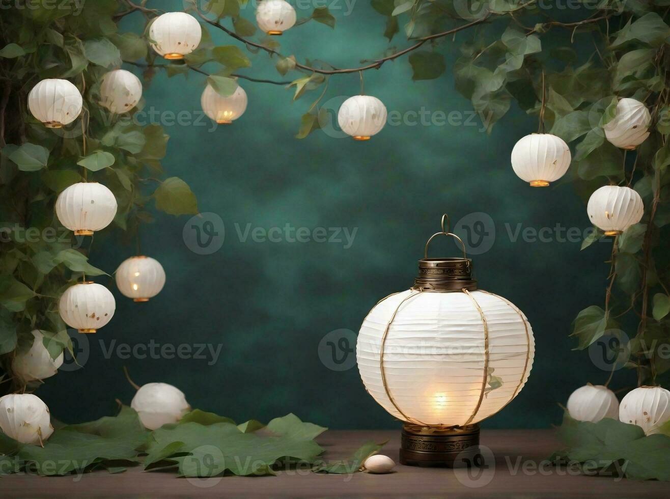 AI generated Pack White Chinese Japanese Paper Lanterns photo