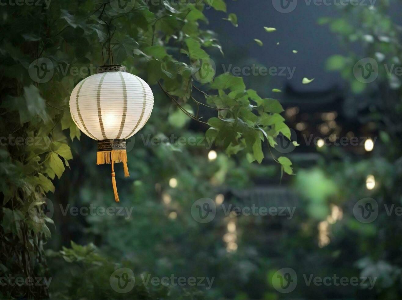 AI generated White Chinese landing lantern left side on the green leaf in night view backgrounds photo