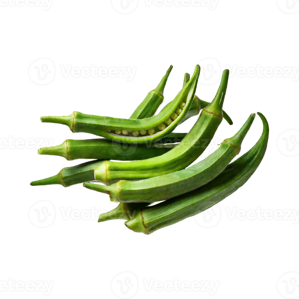 AI generated Floating Bunch Of Green Okra With A Pointed Tip, Isolated Background png