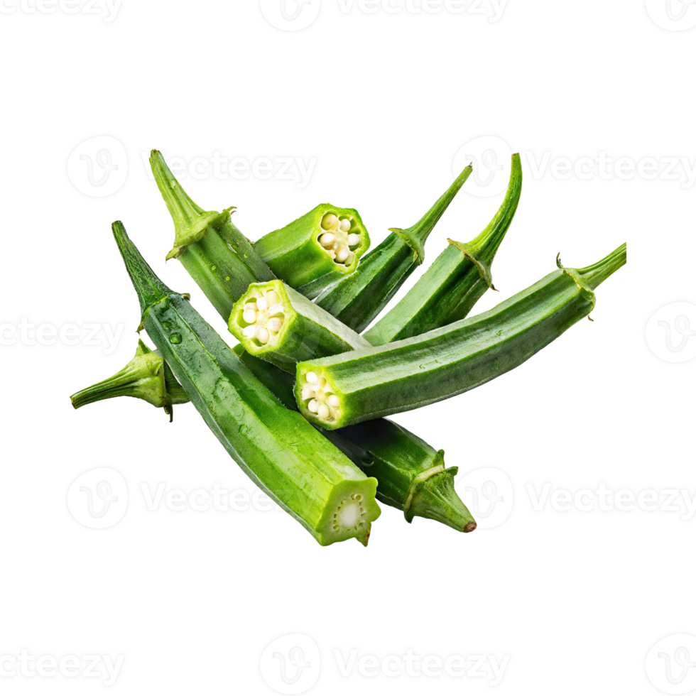 AI generated Floating Bunch Of Green Okra With A Pointed Tip, Isolated Background png