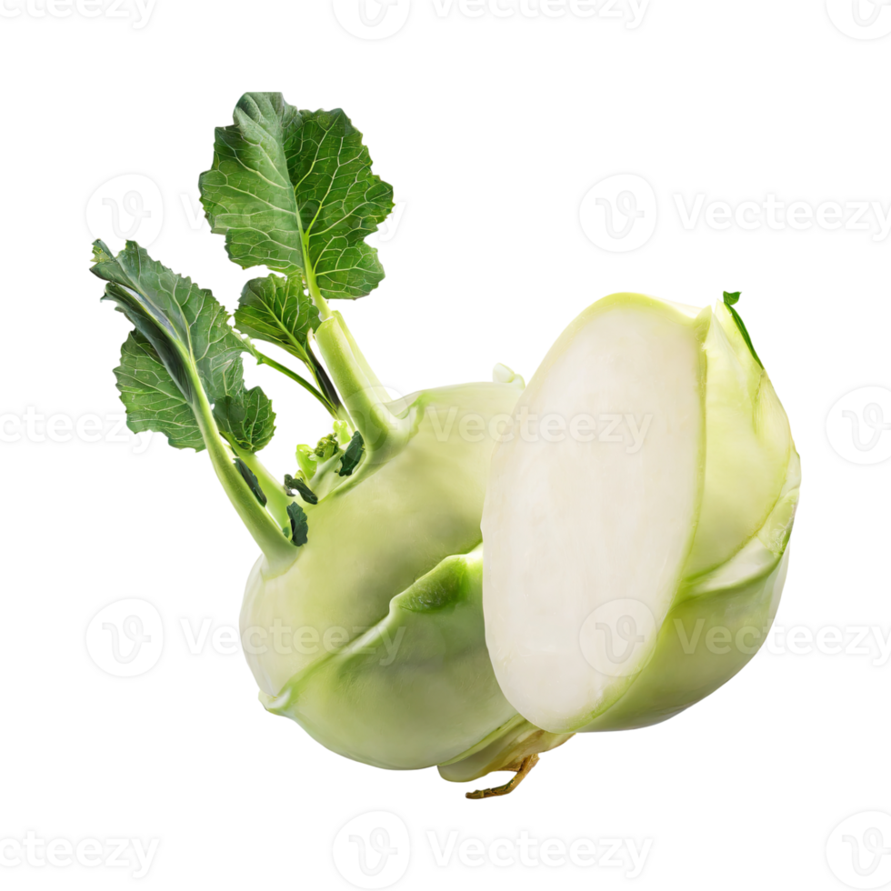 AI generated Floating Of Fresh Kohlrabi With Sliced, Without Shadow, Isolated Transparent Background png