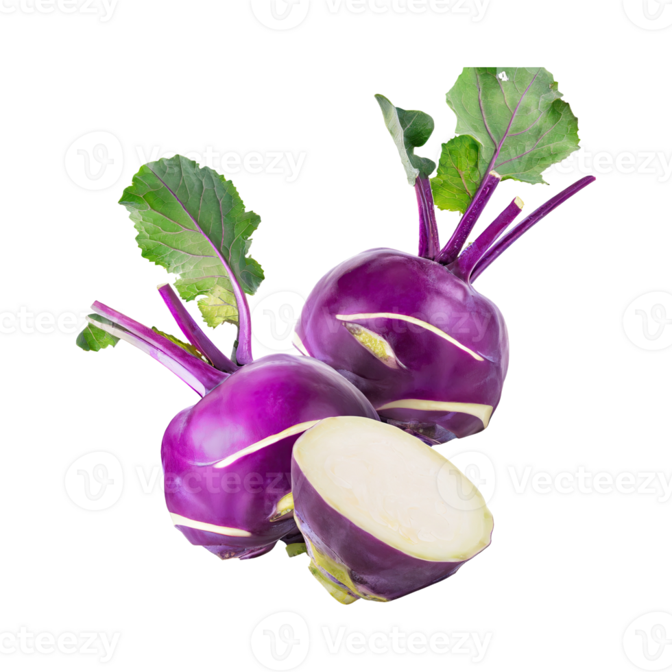 AI generated Floating Of Fresh Purple Kohlrabi With Sliced, Without Shadow, Isolated Transparent Background png