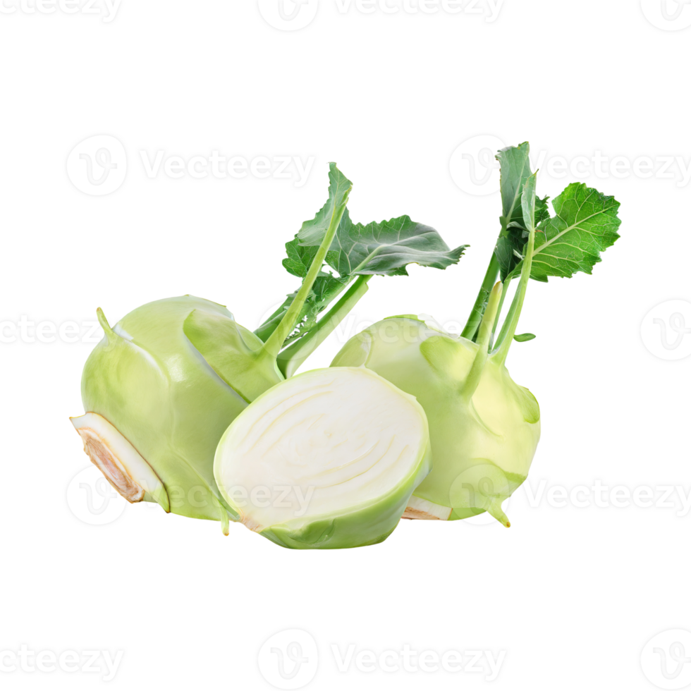 AI generated Floating Of Fresh Kohlrabi With Sliced, Without Shadow, Isolated Transparent Background png