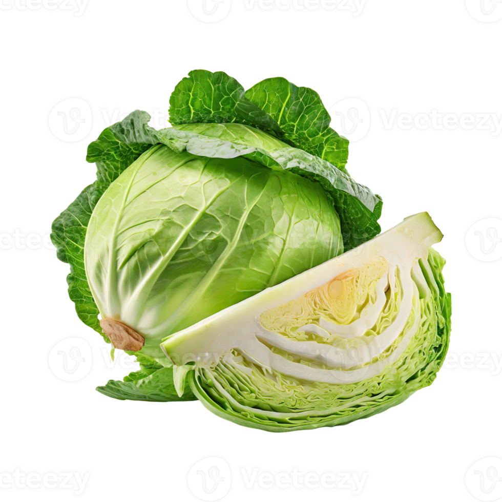 AI generated Fresh Green Cabbage And Sliced, Without Shadow, Isolated Transparent Background png