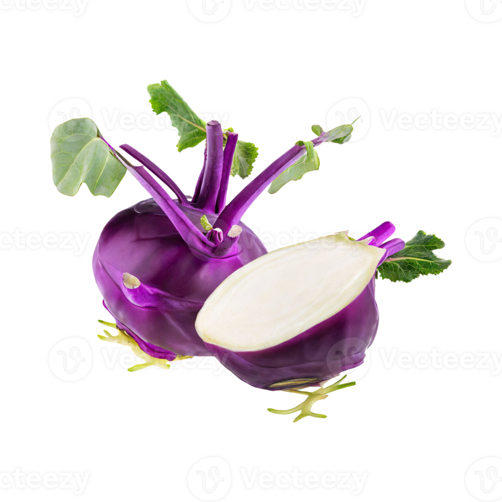 AI generated Floating Of Fresh Purple Kohlrabi With Sliced, Without Shadow, Isolated Transparent Background png