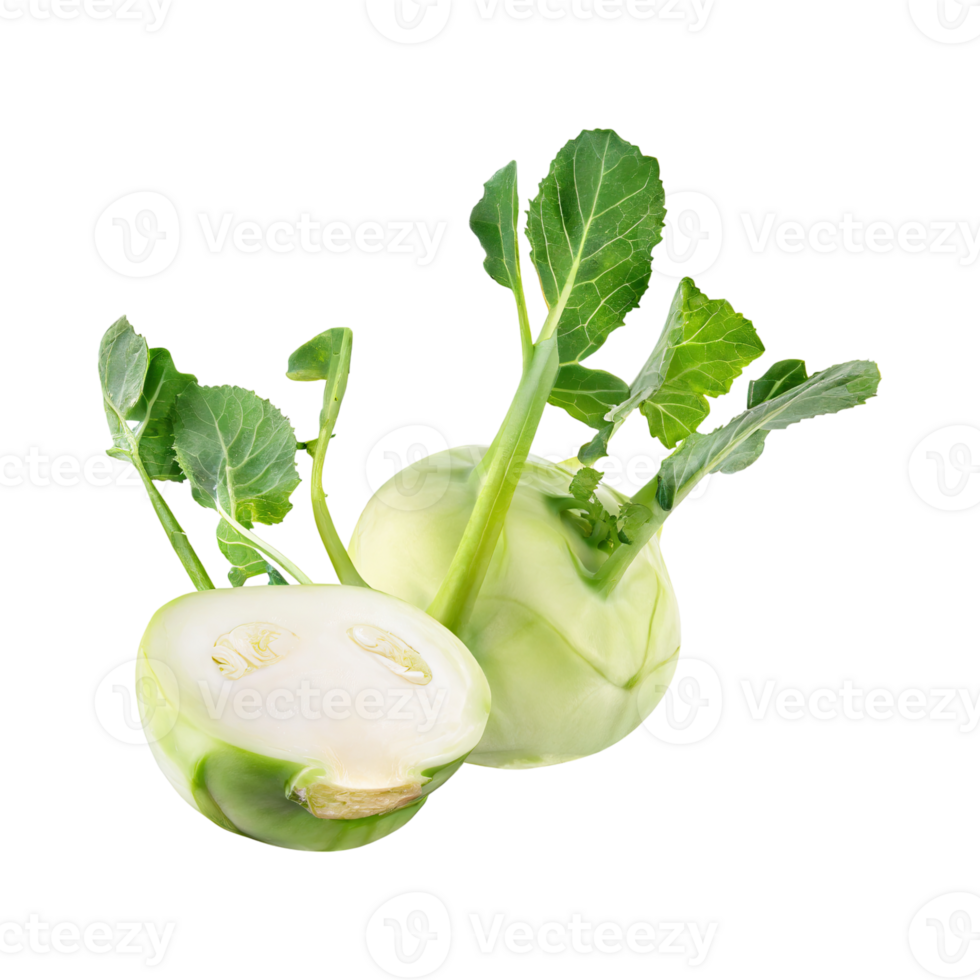 AI generated Floating Of Fresh Kohlrabi With Sliced, Without Shadow, Isolated Transparent Background png
