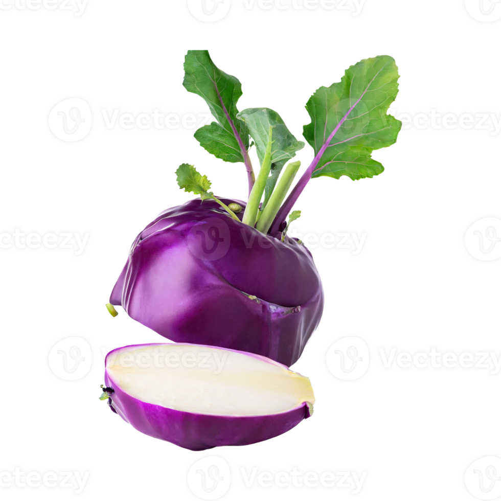 AI generated Floating Of Fresh Purple Kohlrabi With Sliced, Without Shadow, Isolated Transparent Background png