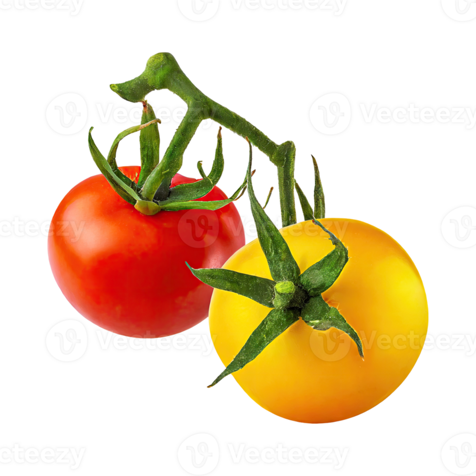 AI generated Floating Of Tomatos With A Green Stem, Isolated Transparent Background png
