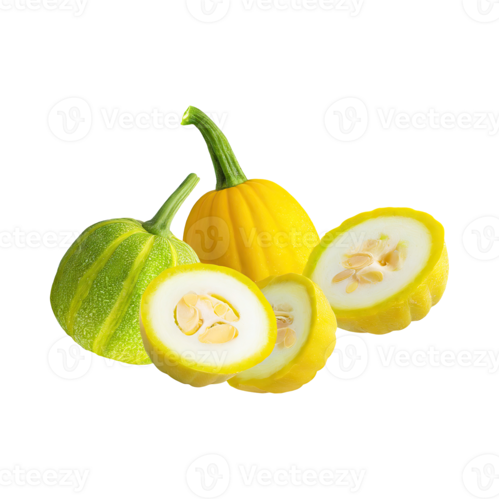 AI generated Floating Of Bunch Yellow Green Gourd With Sliced, Without Shadow, Isolated Transparent Background png