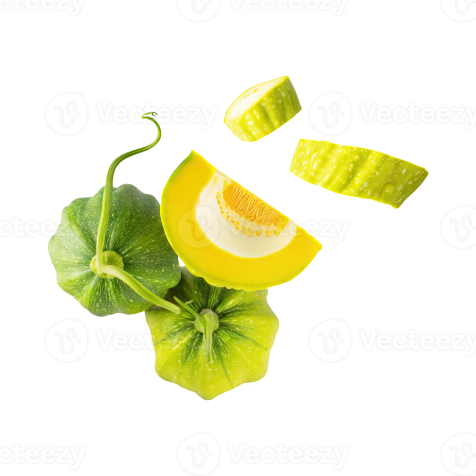 AI generated Floating Of Bunch Yellow Green Gourd With Sliced, Without Shadow, Isolated Transparent Background png