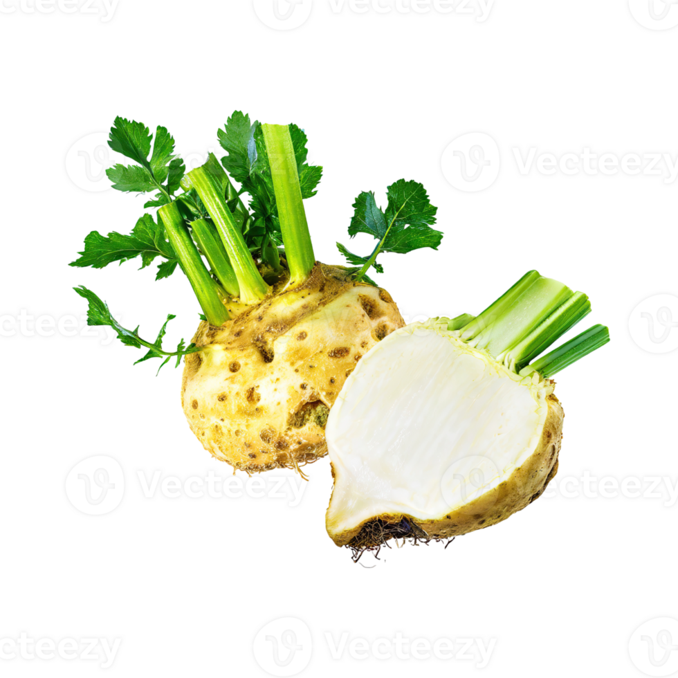 AI generated Floating Of Dirty Celeriac With Sliced, Without Shadow, Isolated Transparent Background png