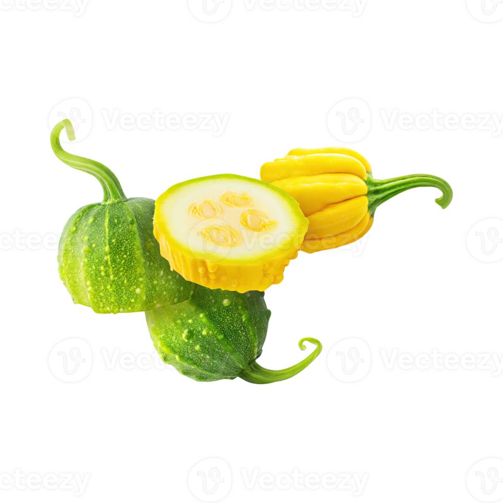 AI generated Floating Of Bunch Yellow Green Gourd With Sliced, Without Shadow, Isolated Transparent Background png