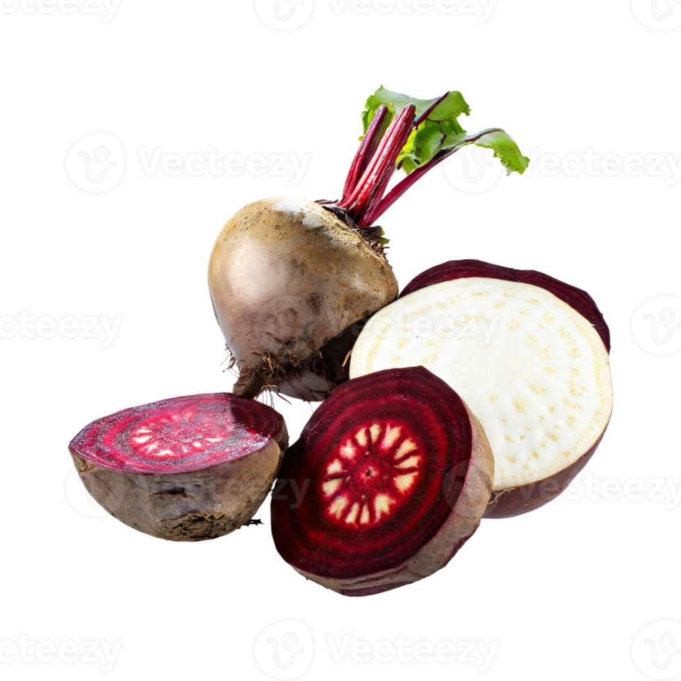 AI generated Floating Of Red And White Beetroot With A Earthy Taste With Sliced, Isolated Transparent Background png
