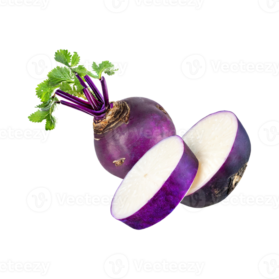 AI generated Floating Of Purple Daikon With Root And Sliced Of It, Without Shadow, Isolated Transparent Background png