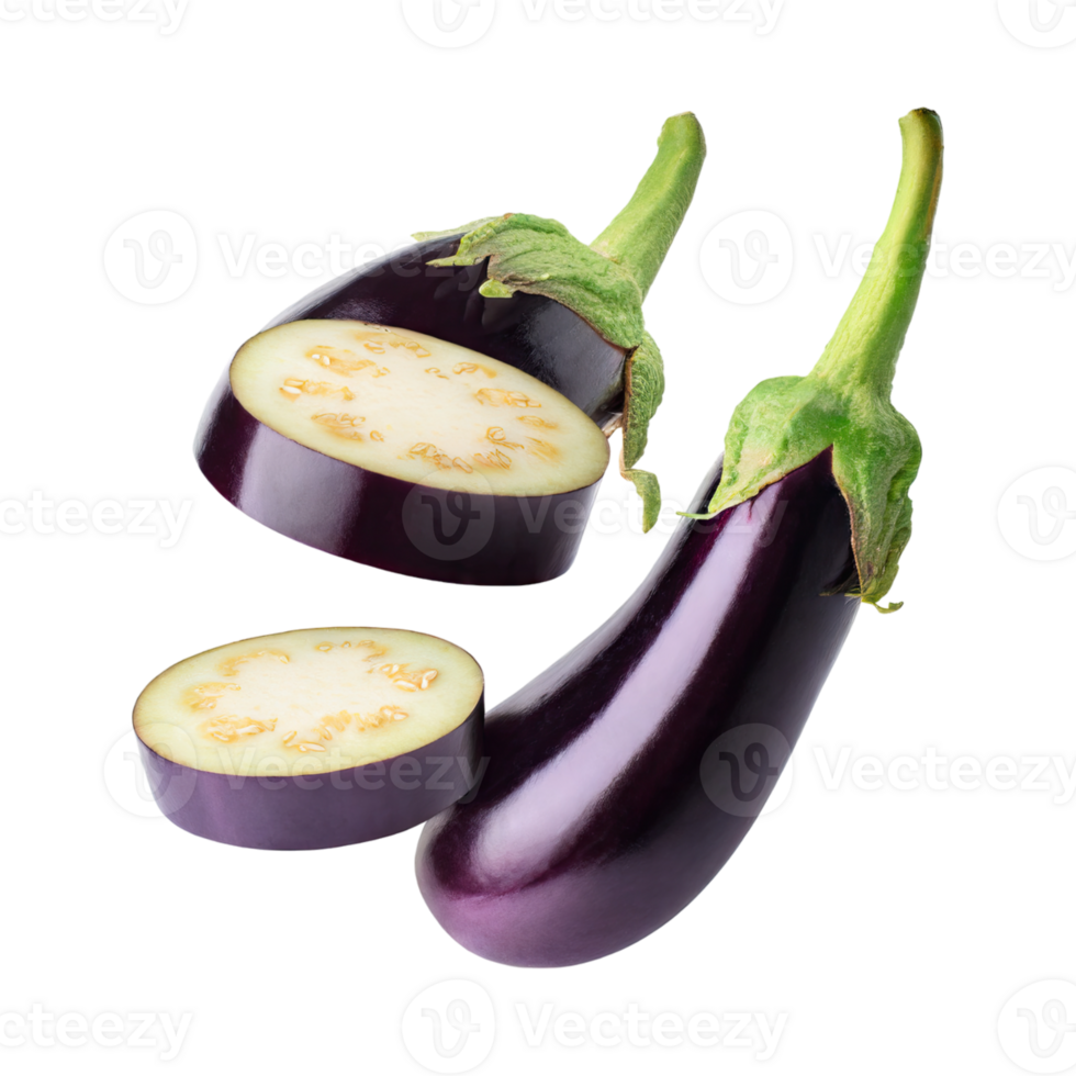 AI generated Floating Of Purple And Green Eggplant With A Smooth Skin, Isolated Transparent Background png