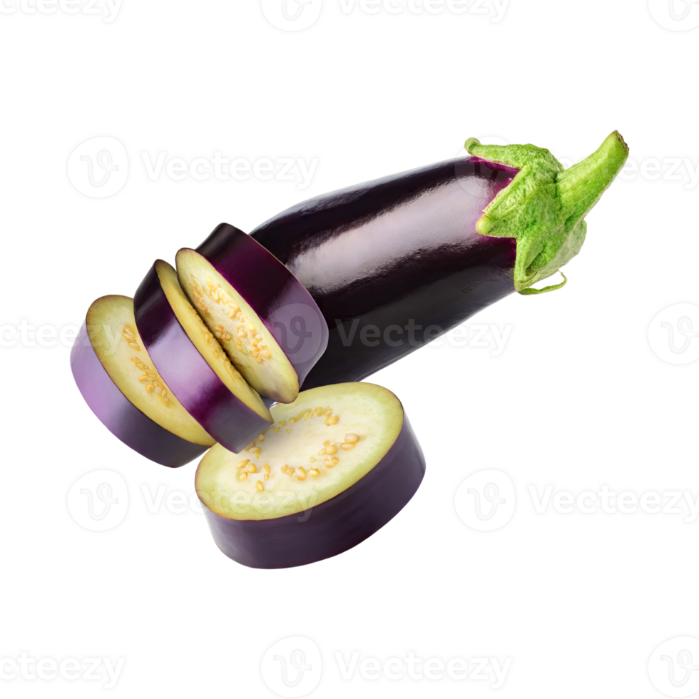 AI generated Floating Of Purple And Green Eggplant With A Smooth Skin, Isolated Transparent Background png