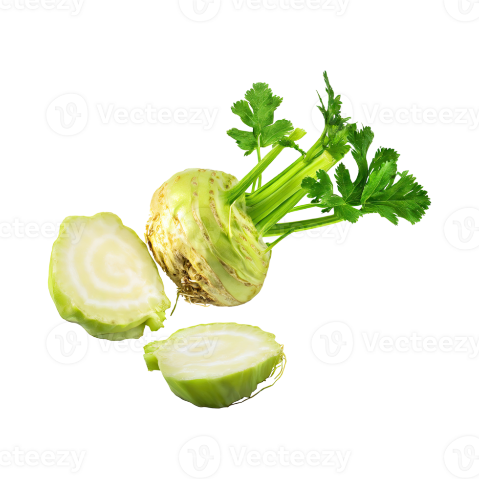 AI generated Floating Of Dirty Celeriac With Sliced, Without Shadow, Isolated Transparent Background png