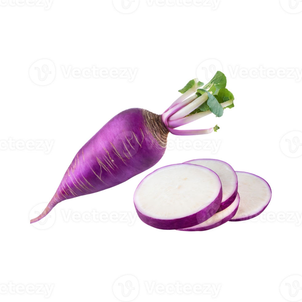 AI generated Floating Of Purple Daikon With Root And Sliced Of It, Without Shadow, Isolated Transparent Background png