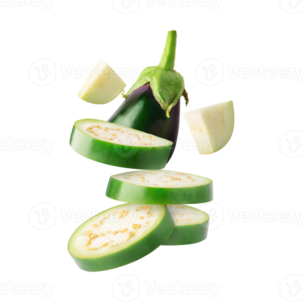 AI generated Floating Of Green Eggplant With Sliced, Without Shadow, Isolated Transparent Background png