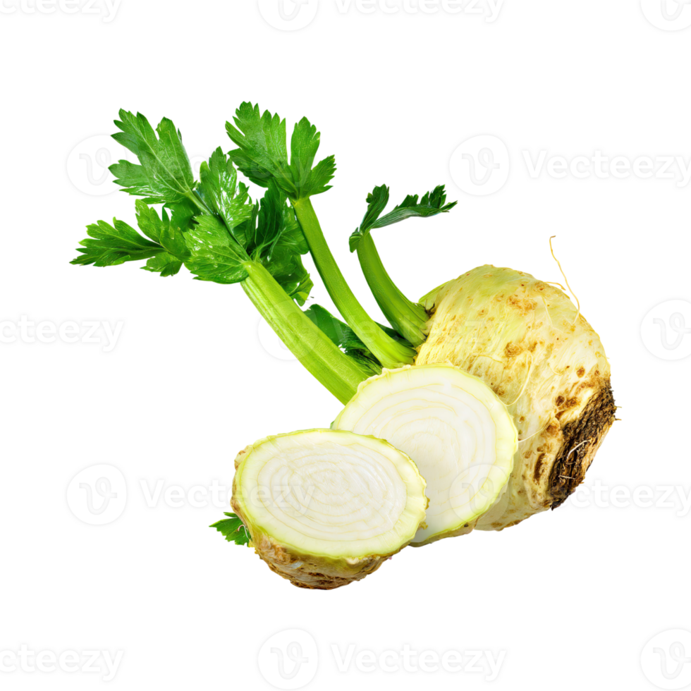 AI generated Floating Of Dirty Celeriac With Sliced, Without Shadow, Isolated Transparent Background png