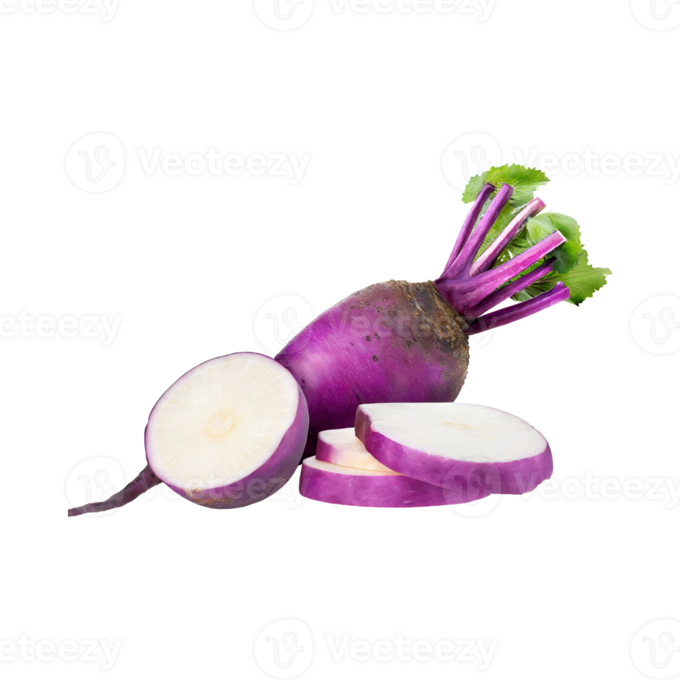 AI generated Floating Of Purple Daikon With Root And Sliced Of It, Without Shadow, Isolated Transparent Background png