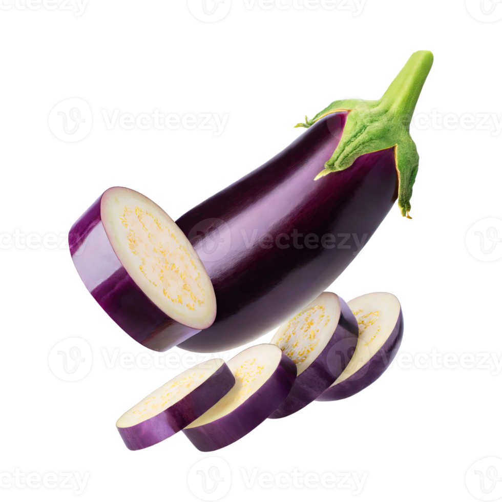 AI generated Floating Of Purple And Green Eggplant With A Smooth Skin, Isolated Transparent Background png