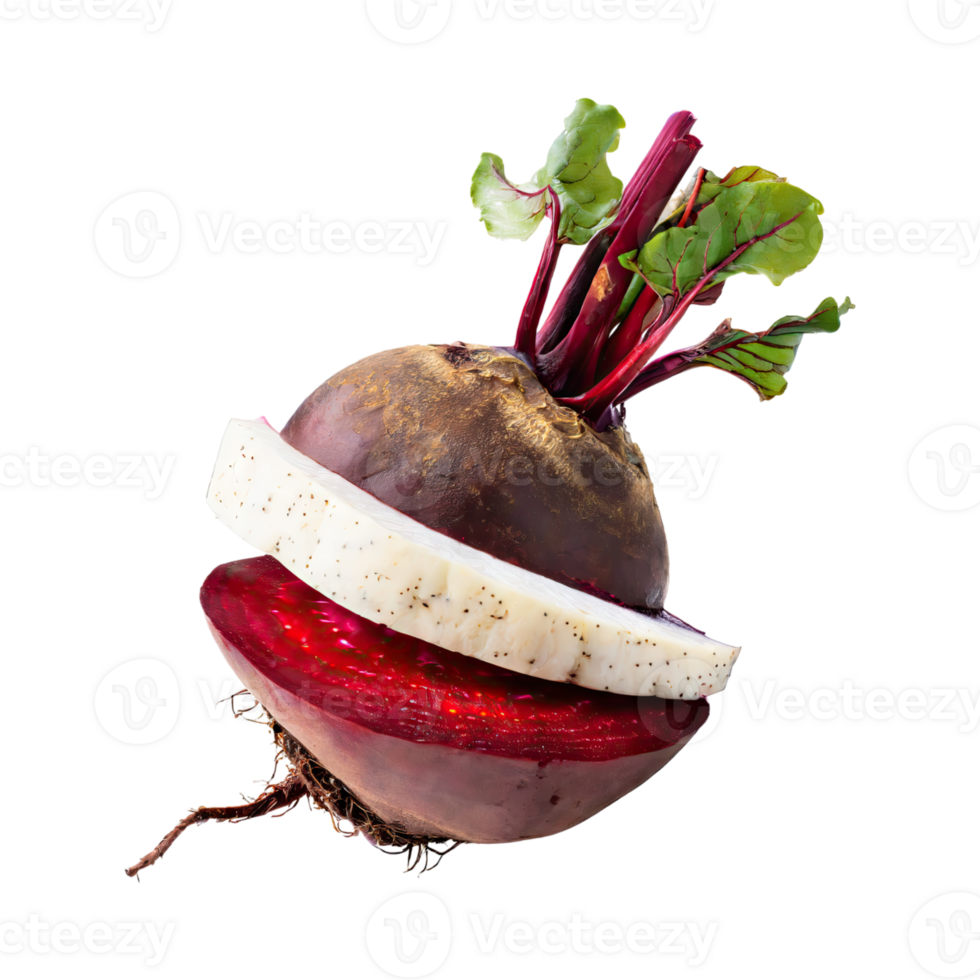 AI generated Floating Of Red And White Beetroot With A Earthy Taste With Sliced, Isolated Transparent Background png