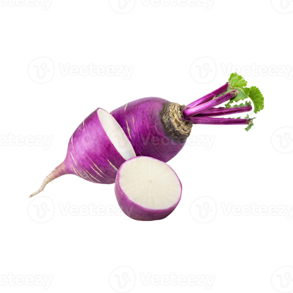 AI generated Floating Of Purple Daikon With Root And Sliced Of It, Without Shadow, Isolated Transparent Background png