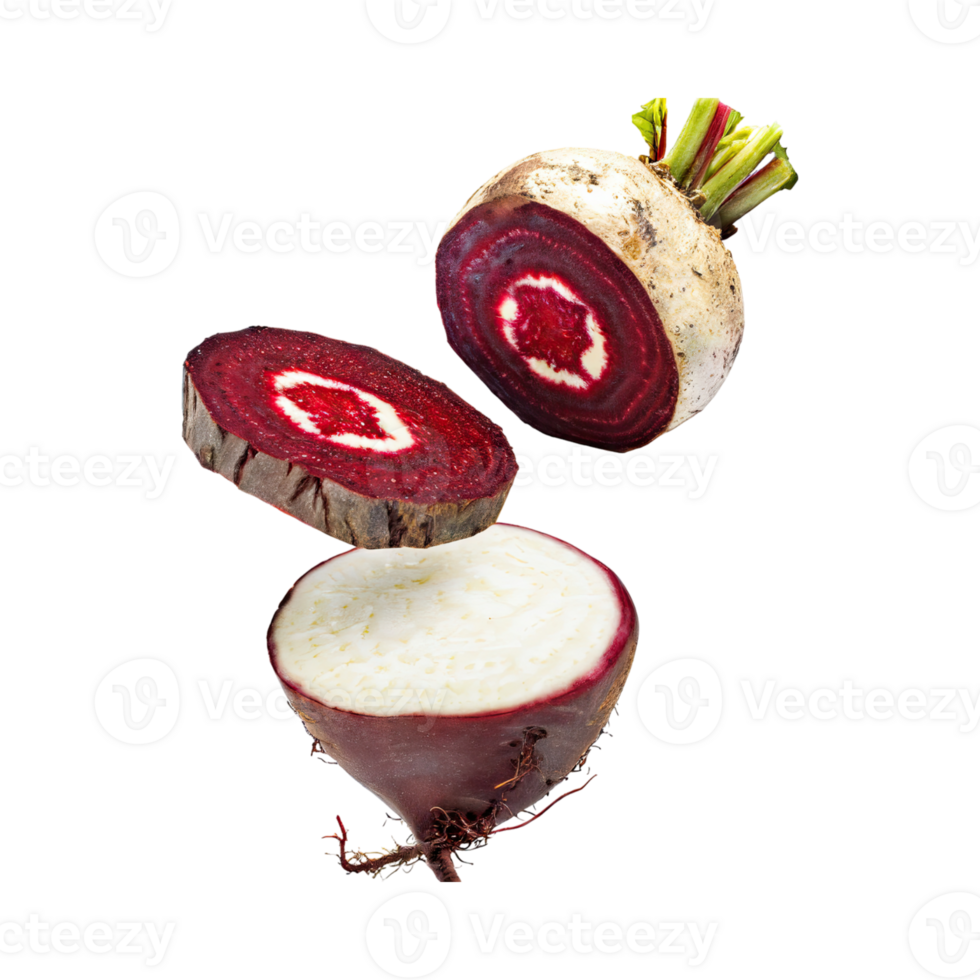 AI generated Floating Of Red And White Beetroot With A Earthy Taste With Sliced, Isolated Transparent Background png