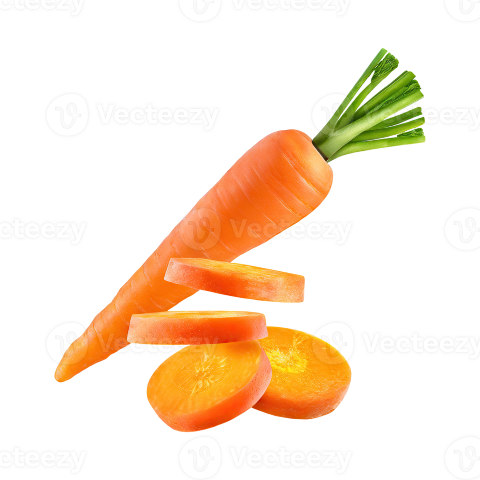 AI generated Floating Of A Fresh Carrot With Sliced Of Carrot, Isolated Transparent Background png