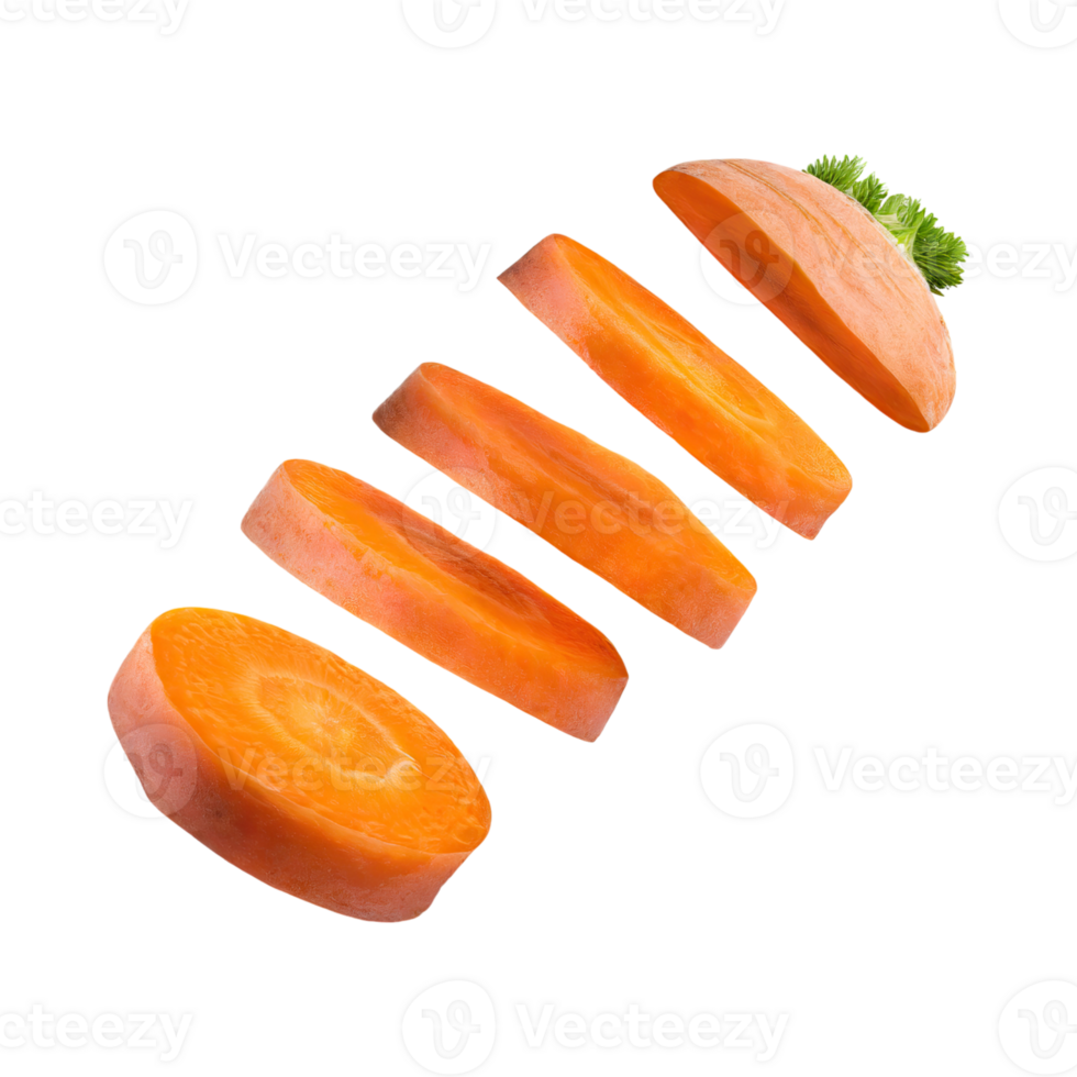 AI generated Floating Of A Fresh Carrot With Sliced Of Carrot, Isolated Transparent Background png