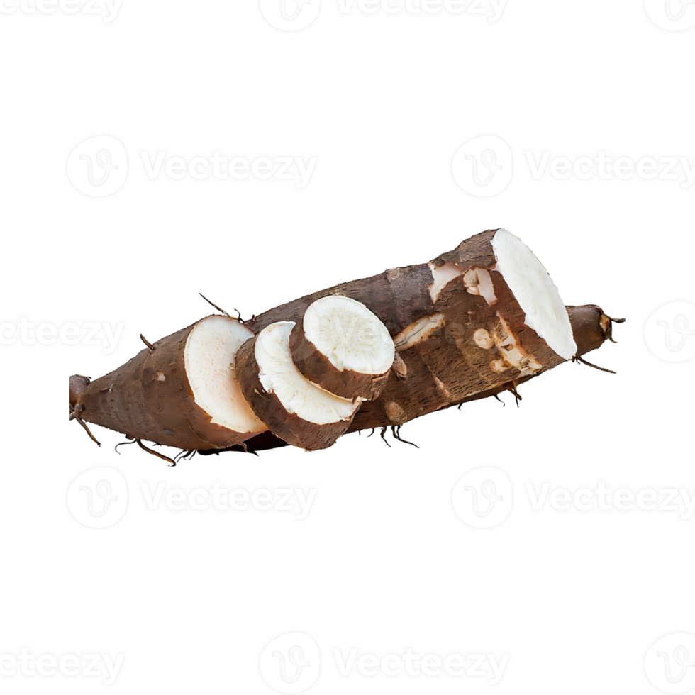 AI generated Floating Of Brown Cassava With Sliced Of Cassava,Earthy, Root ,Isolated Transparent Background png