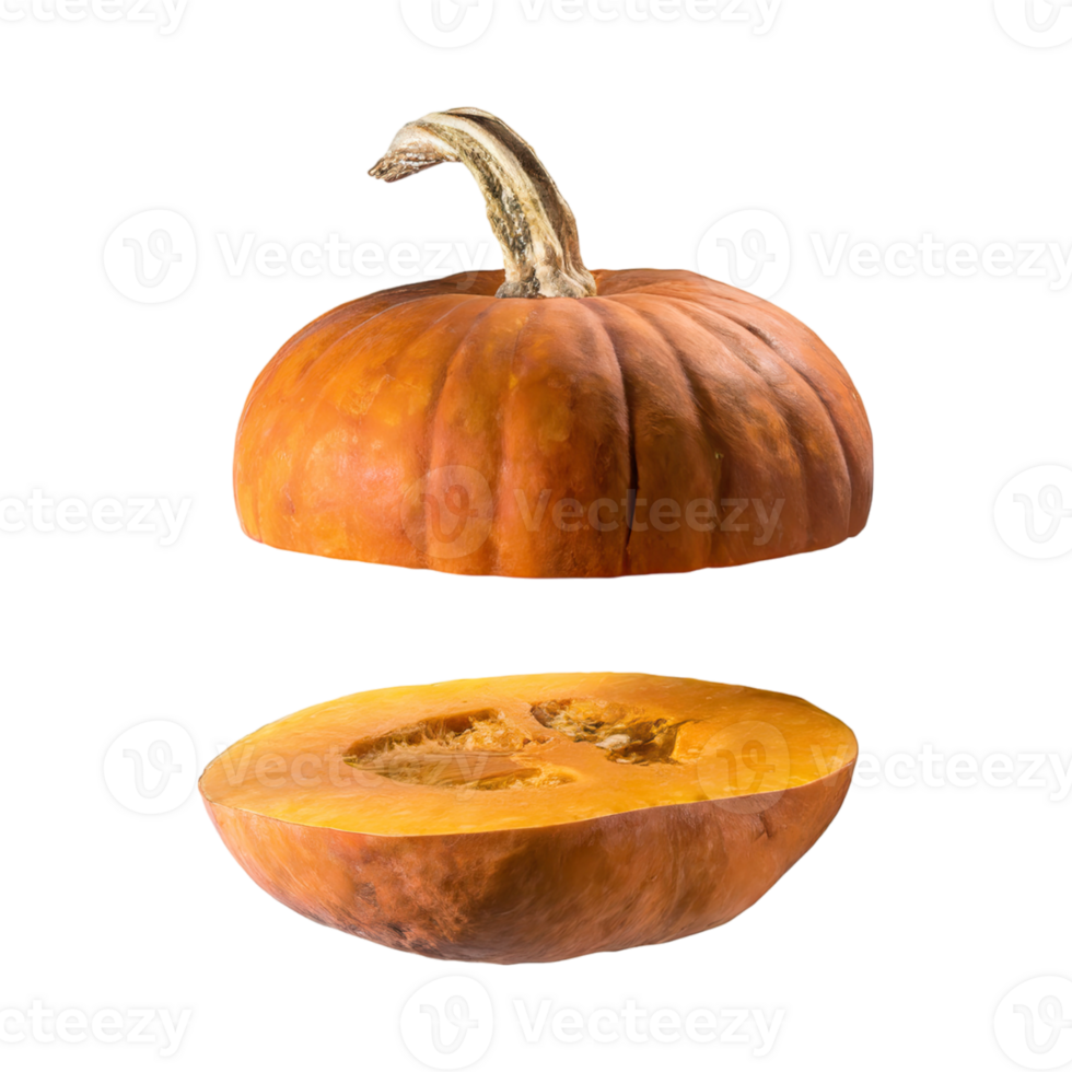 AI generated Floating Of Orange And Brown Pumpkin With A Round Shape With Sliced, Isolated Transparent Background png