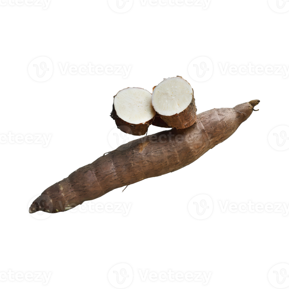 AI generated Floating Of Brown Cassava With Sliced Of Cassava,Earthy, Root ,Isolated Transparent Background png