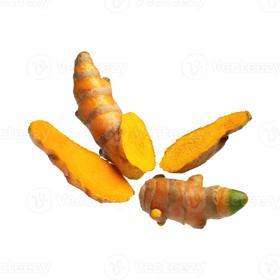 AI generated Floating Of Yellow And Orange Turmeric With Sliced, Isolated Transparent Background png
