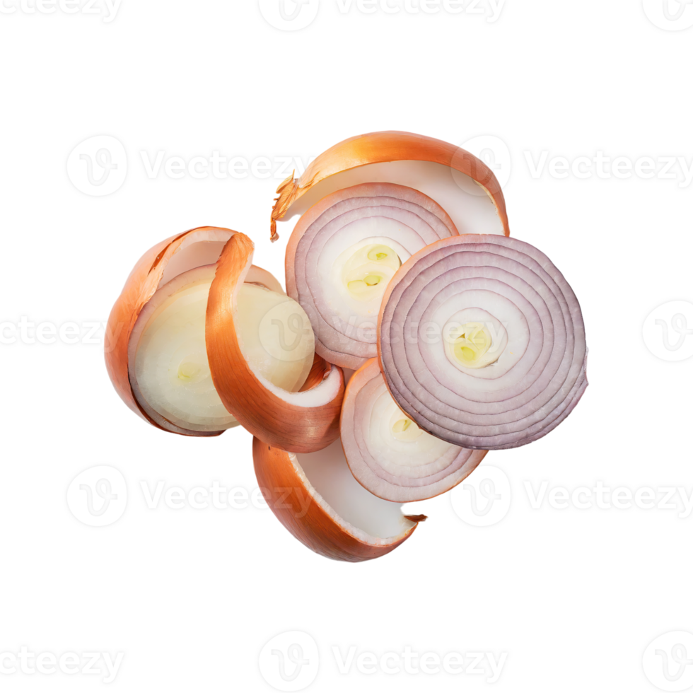 AI generated Floating Slices Of Bombay Onion, Without Skin, Without Shadow, Isolated Transparent Background png