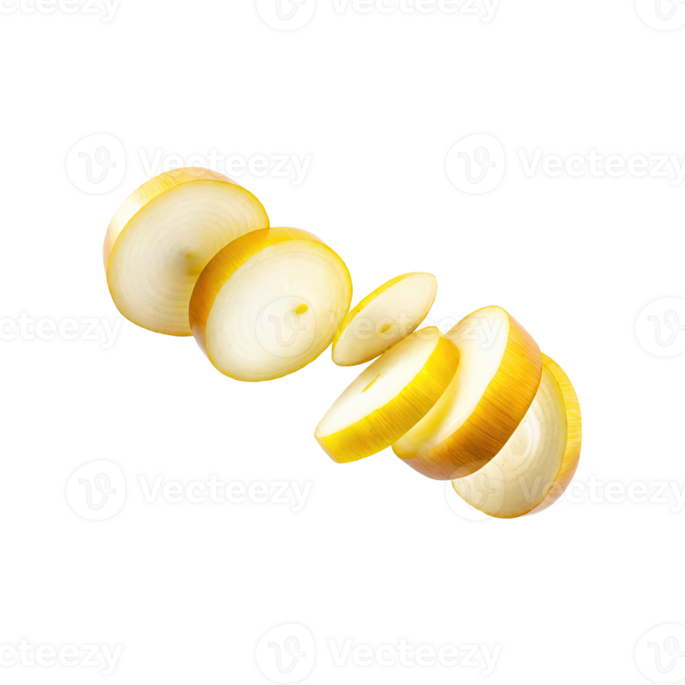 AI generated Floating Slices Of Bombay Onion, Without Skin, Without Shadow, Isolated Transparent Background png