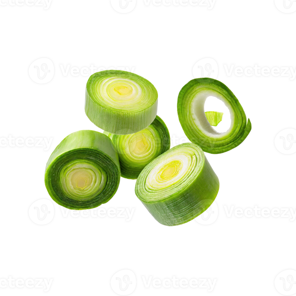 AI generated Floating Slices Of Leek, Without Shadow, Isolated Transparent Background png