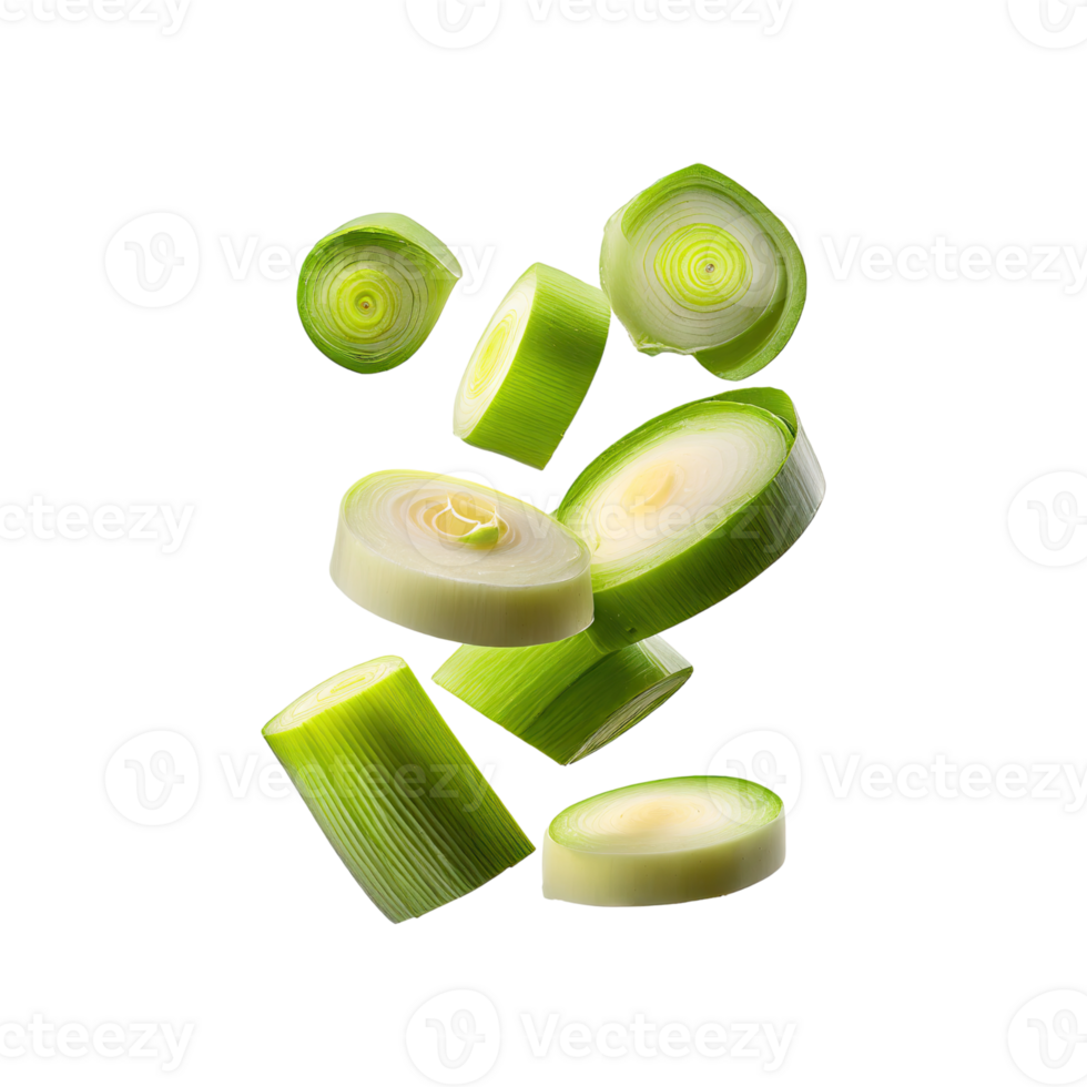 AI generated Floating Slices Of Leek, Without Shadow, Isolated Transparent Background png