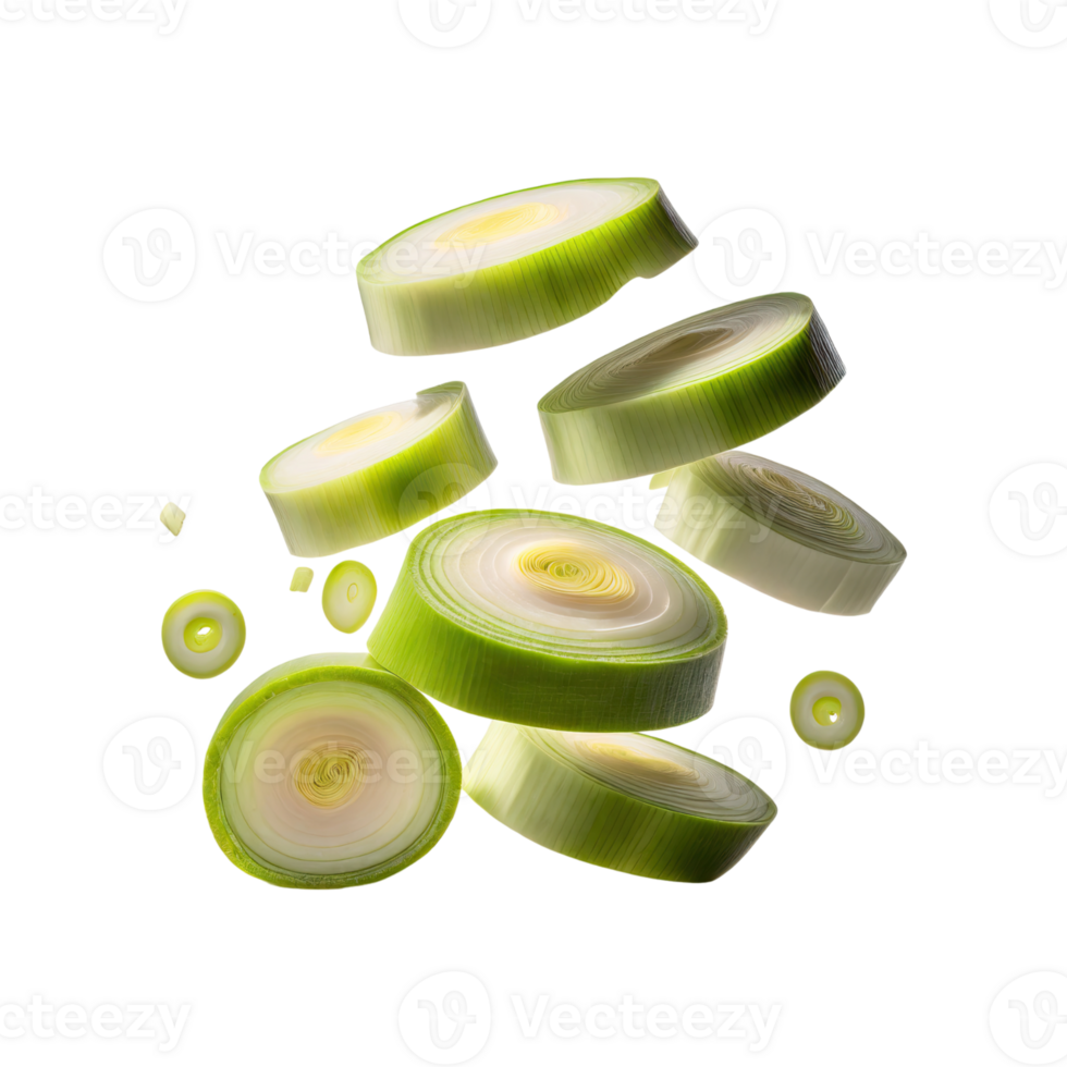 AI generated Floating Slices Of Leek, Without Shadow, Isolated Transparent Background png
