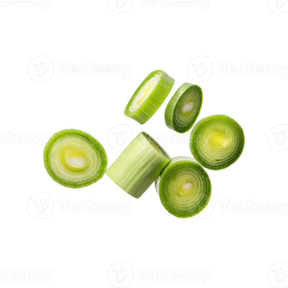 AI generated Floating Slices Of Leek, Without Shadow, Isolated Transparent Background png