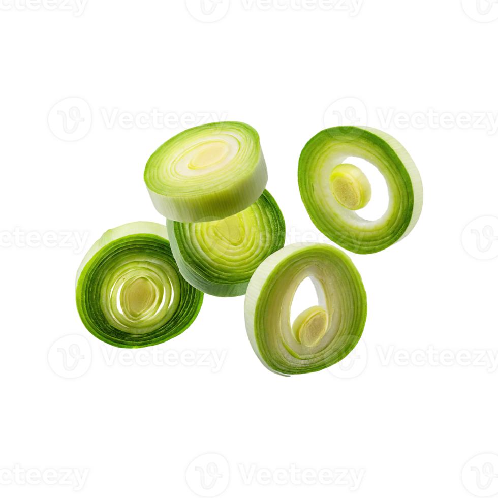 AI generated Floating Slices Of Leek, Without Shadow, Isolated Transparent Background png