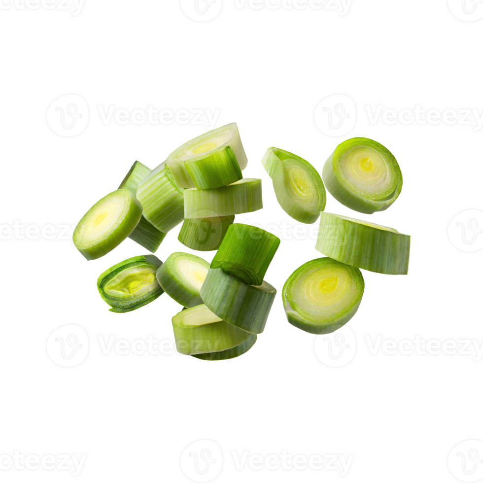 AI generated Floating Slices Of Leek, Without Shadow, Isolated Transparent Background png